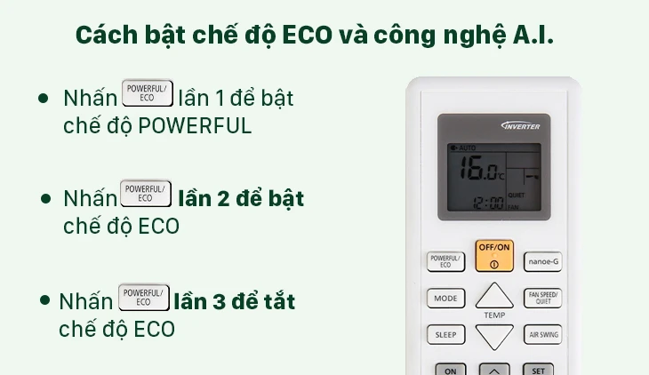 Cách bật chế độ Powerful/Eco