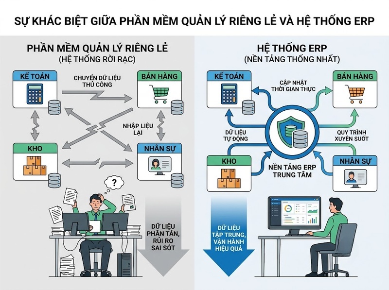 So sánh ERP và phần mềm quản lý riêng lẻ
