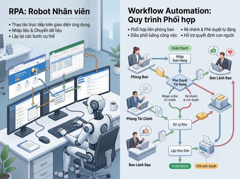 So sánh RPA và workflow automation trong doanh nghiệp