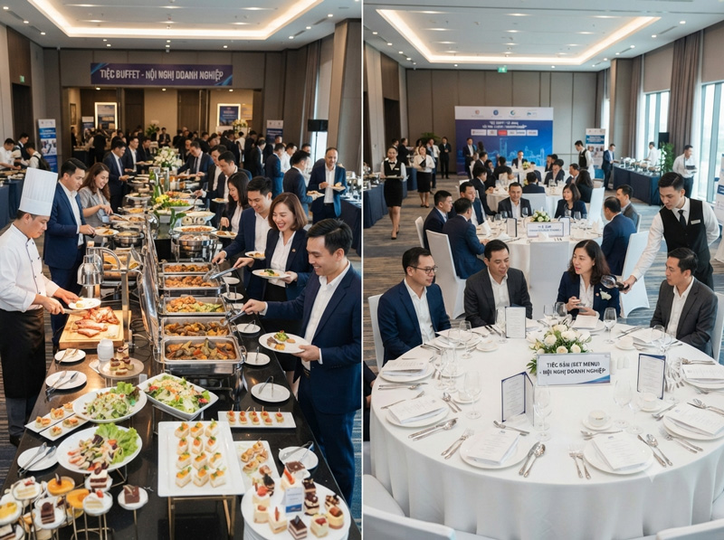 So sánh tiệc buffet và tiệc bàn cho hội nghị doanh nghiệp